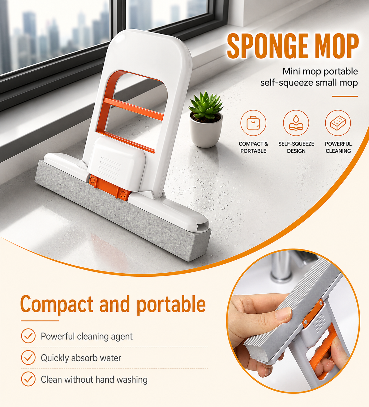 Mini Foldable Sponge Mop, Self-Squeeze Desktop Mop for Small Spaces, Wet & Dry Portable Cleaning Tool for Kitchen Countertops